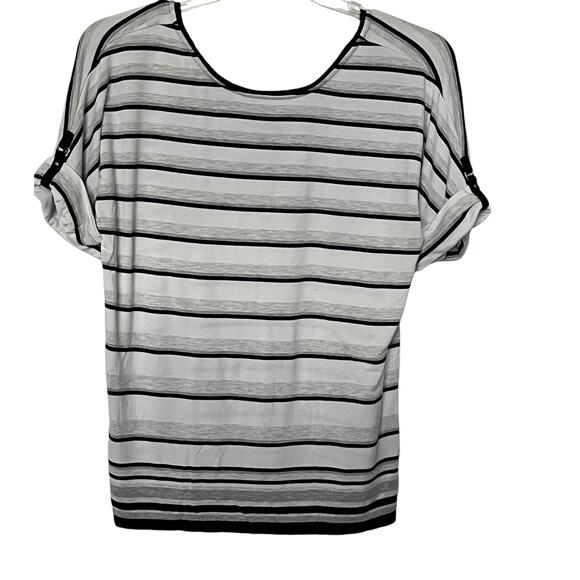 WHBM SHORT SLV, PULL-OVER, CREW NECK, TUNIC TOP, WOMENS, M, WHITE/BLACK STRIPES - Picture 1 of 11